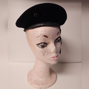 Vintage 1965 French Army Military Black Beret Cap Size 55 Made In Pebeo